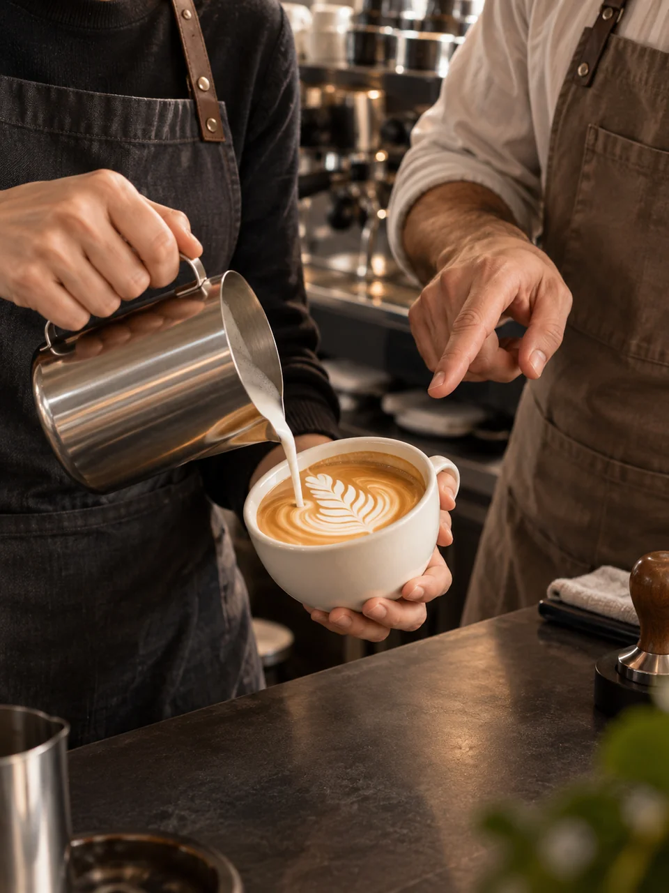 Close-up of hands pouring milk into a cup to create latte art with guidance from an instructor