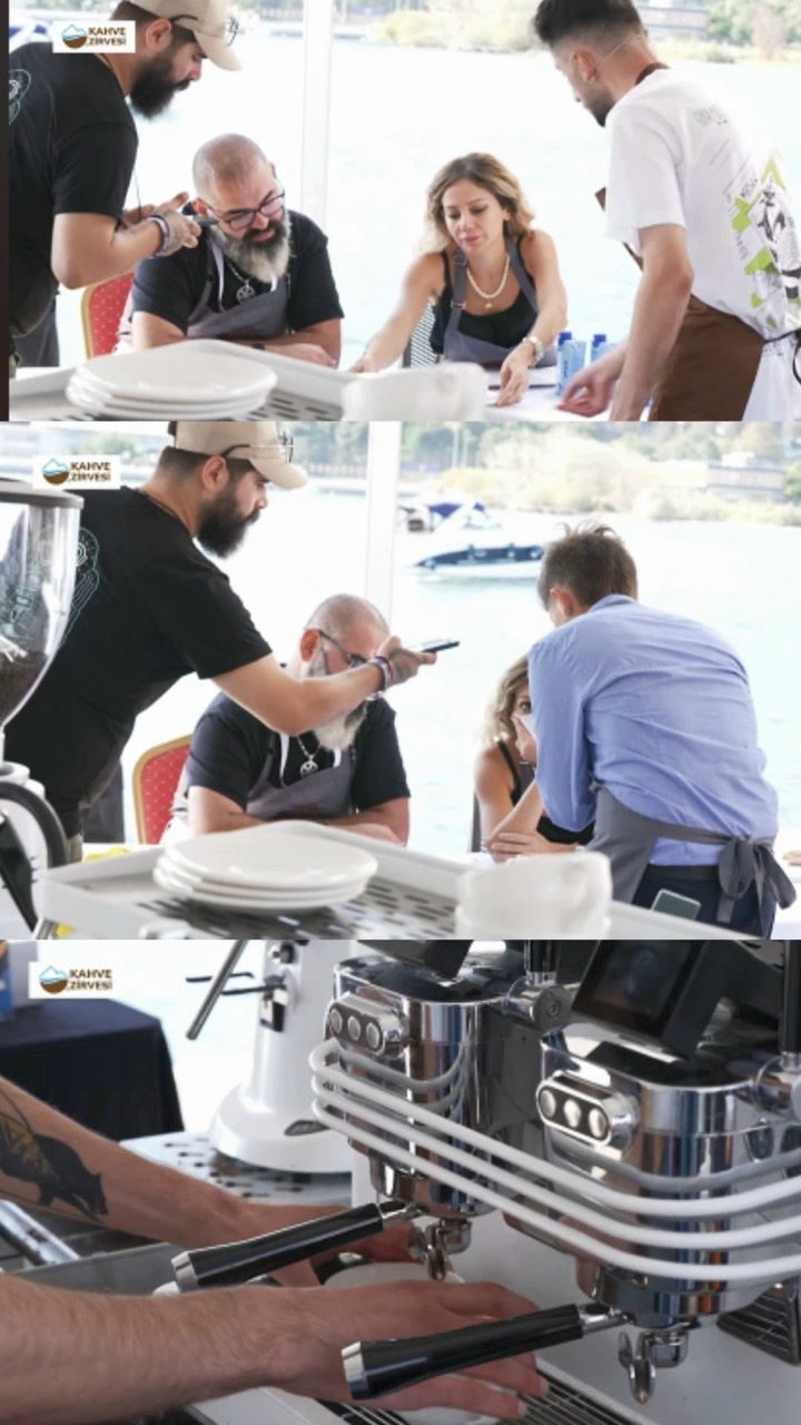 Kahve etkinliğinde tezgâh başındaki katılımcılar ve espresso makinesini gösteren üç karelik kolaj